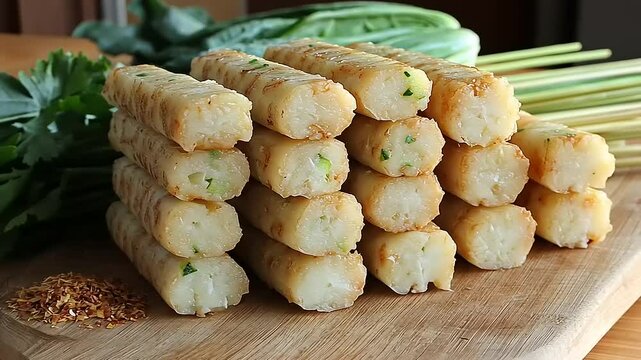 Authentic Indonesian Lemper Glutinous Rice Snack Displayed on Wooden Board with Greens