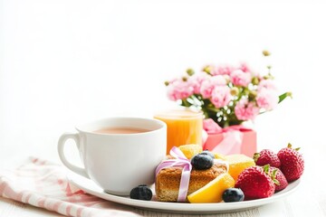 Elegant Breakfast Still Life with Cake Fruit Tea and Flowers on White Background