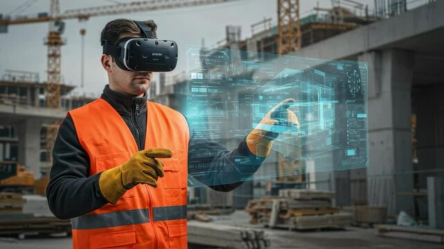 Construction worker wearing vr headset touching augmented reality building model on project site. Builder with virtual reality glasses analyzing digital blueprint for development. - Powered by Adobe