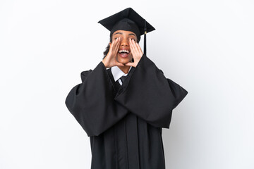 Young university graduate African American woman isolated on white background shouting and...