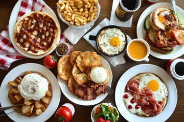 Colorful breakfast spread at a snack bar with friends enjoying delicious food together, Friends breakfast eating in snack bar top view on brunch layout with food and coffee cups