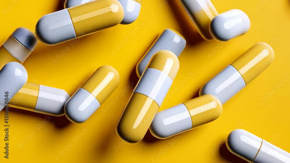 Aufkleber row of yellow and white pills are arranged on a yellow background. the pills are all different sizes