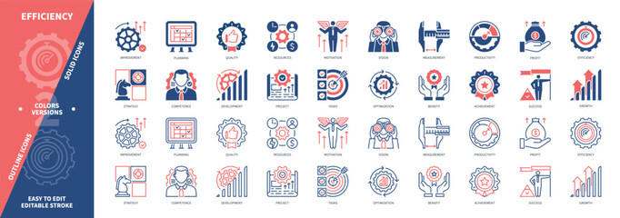 Efficiency icon set. Development, Project, Strategy, Quality, Vision, Planning, Competence, Resources. Duotone color solid and editable outline icons