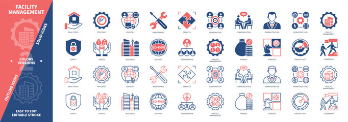 Facility Management icon set. Real Estate, Finance, Management, Administration, Infrastructure, Efficiency, Safety, Maintenance. Duotone color solid and editable outline icons