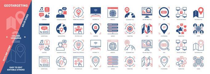 Geotargeting icon set. Website, IP Spidering, Online Analytics, Pay per Click, Private Network, Geomarketing, Advertising, Server. Duotone color solid and editable outline icons