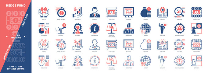 Hedge Fund icon set. Risk Management, Investment, Financial Regulators, Assets, Business, Cash Flow, Profit, Analysis. Duotone color solid and editable outline icons