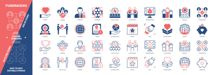 Fundraising icon set. Volunteers, Grants, Support, Teamwork, Charity, Contributions, Donation, Social Issues. Duotone color solid and editable outline icons