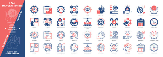 Lean Manufacturing icon set. Just in Time, Quality, Value, Reduce Time, Customers, Manufacturing Lines, Supplier, Inventory. Duotone color solid and editable outline icons