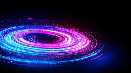 Fototapeta premium Glowing neon pink and blue spiral light trails on a dark background, with scattered sparkles creating a cosmic effect