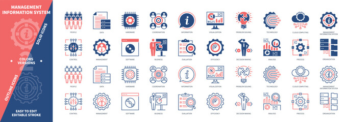 Management Information System MIS icon set. Coordination, Control, Cloud Computing, Analysis, Technology, People, Data, Business. Duotone color solid and editable outline icons © Genestro