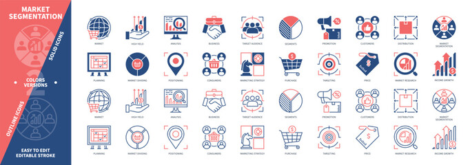 Market Segmentation icon set. Market Dividing, Customers, High Yield, Promotion, Distribution, Targeting, Analysis, Consumers. Duotone color solid and editable outline icons