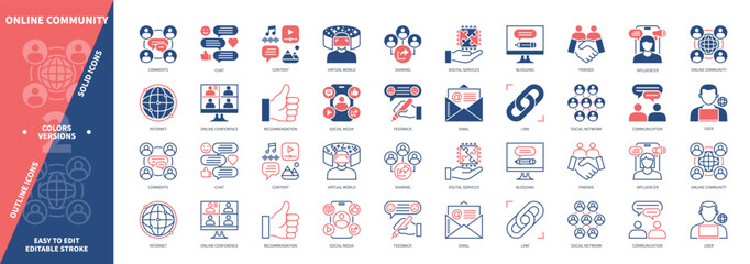 Online Community icon set. Internet, Social Network, Blogging, Digital Services, Friends, Virtual World, Social Media, Sharing. Duotone color solid and editable outline icons