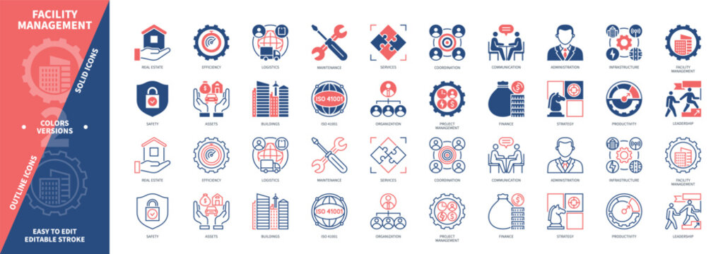 Facility Management icon set. Real Estate, Finance, Management, Administration, Infrastructure, Efficiency, Safety, Maintenance. Duotone color solid and editable outline icons
