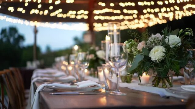Elegant wedding reception table adorned with flowers and soft candlelight.