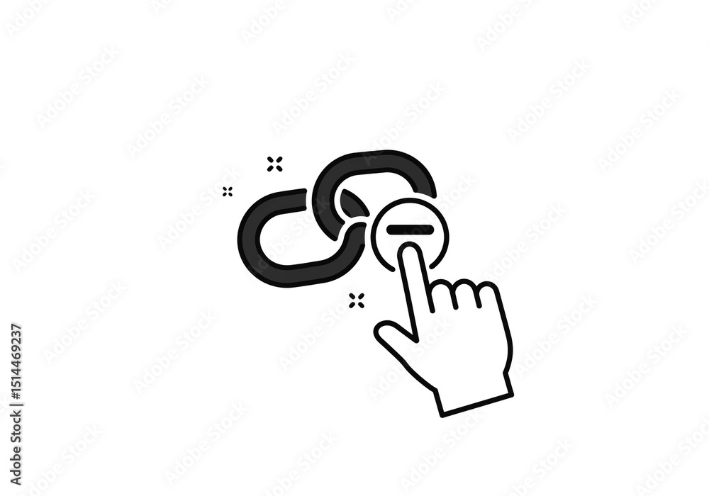 Poster a hand is pointing at a link icon with a minus sign inside a circle on a white background icon style