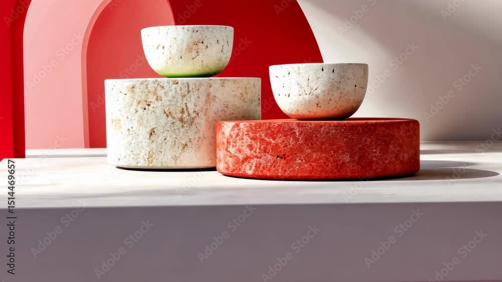 Poster red and white archway with three white bowls on top of it. the bowls are arranged in a pyramid shape