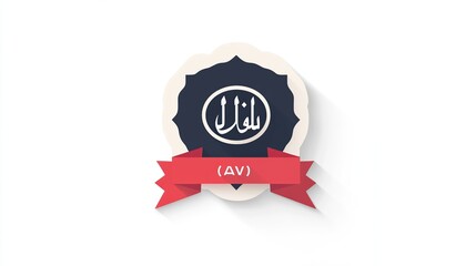 A dark-navy circular emblem with Arabic calligraphy within a white oval, set on a cream, scalloped badge, topped with a red ribbon bearing  "(AV)" and cast shadow