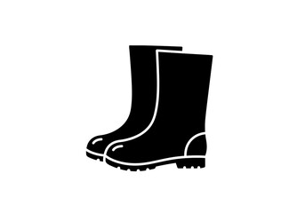 A pair of black rubber boots with white trim isolated on a white background in a simple vector style