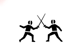 Two fencers in black silhouette engaged in a duel with swords crossed on a white background illustration
