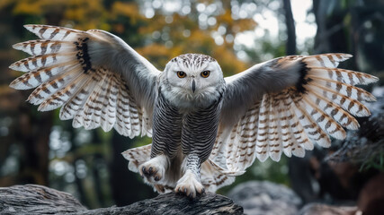 A flying Snow Owl about to land or take flight in its natural forest habitat. Bird of prey.