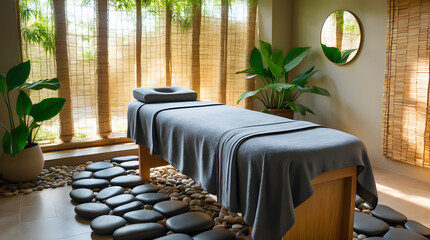 An AI-generated serene and inviting spa environment features a light wooden massage table draped with a soft gray blanket