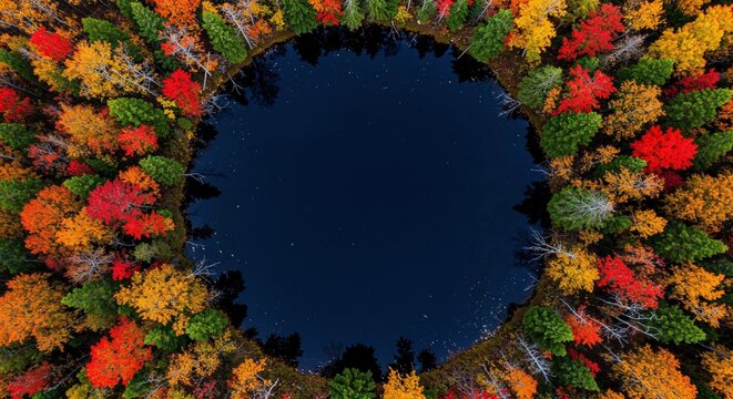 Aerial view autumn forest lake colorful trees foliage fall season nature scene
