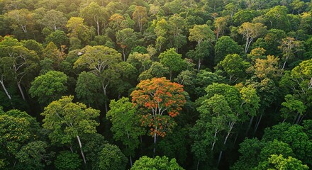 Naklejka premium Aerial view of lush rainforest canopy with vibrant trees and green foliage