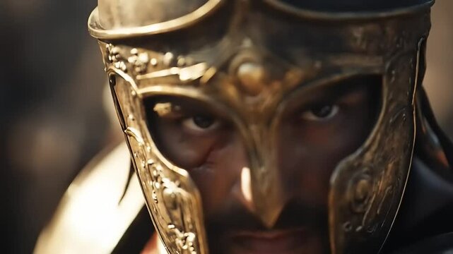 Warrior in Ancient Helmet Closeup.