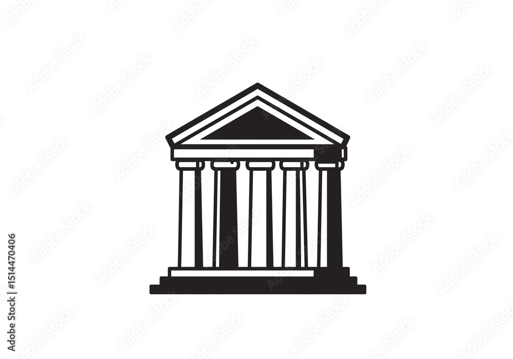 Poster a black and white drawing of a building with columns and a triangular roof on a white background