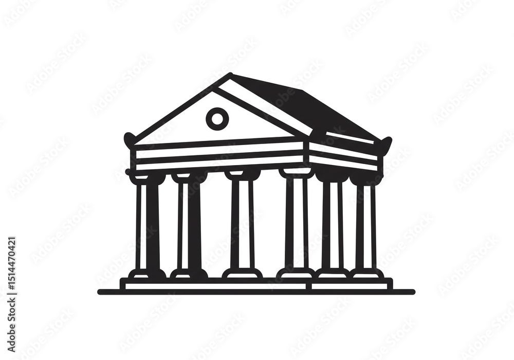 Poster a simple line drawing of a greek temple with columns and a triangular roof on a white background
