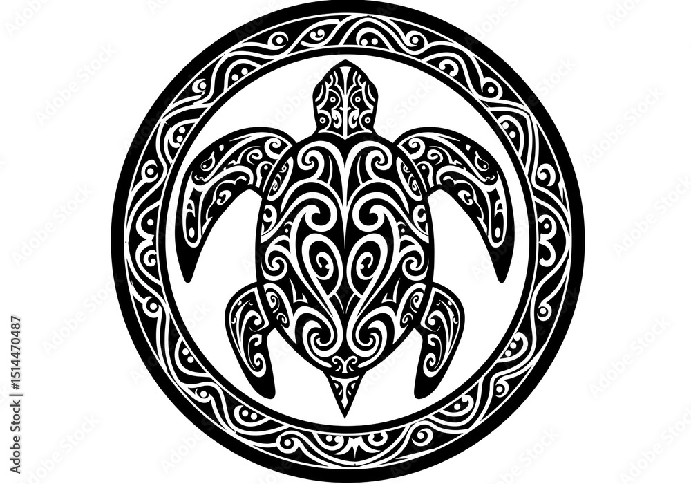 Aufkleber a black and white circular design featuring a turtle with intricate swirling patterns inside a decor