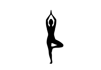 Fototapeta premium Silhouette of a person in tree pose with hands raised above head on a white background in a yoga position