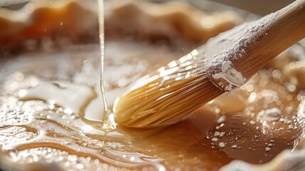Close up of a pastry brush applying a glaze to a pie crust with powdered sugar on the handle