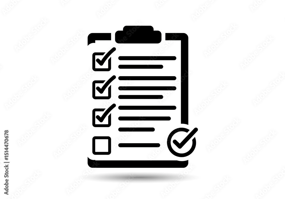 Poster a black and white illustration of a clipboard with checkmarks and lines indicating a list of items