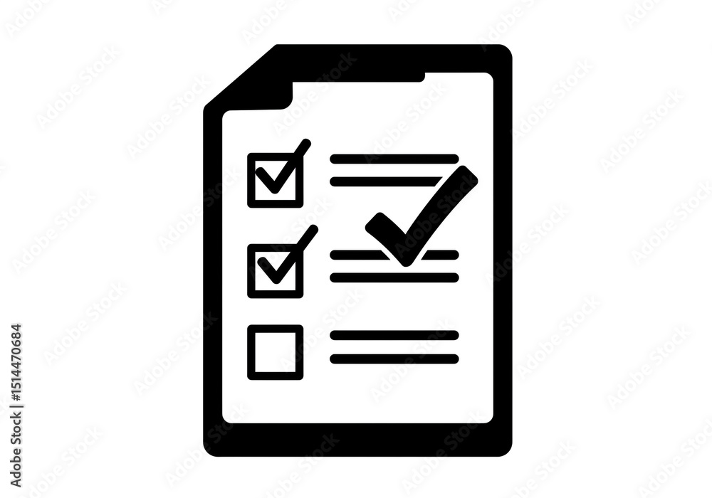 Poster a black and white image of a checklist with check marks and lines on a piece of paper icon style