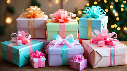 An AI-generated vibrant and cheerful still life displays a festive bounty of eight elegantly wrapped gift boxes, varying in size and featuring a delightful palette of pastel colors including pink