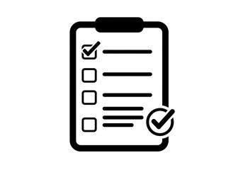 Fototapeta premium A black and white illustration of a clipboard with a checklist and checkmarks indicating completion