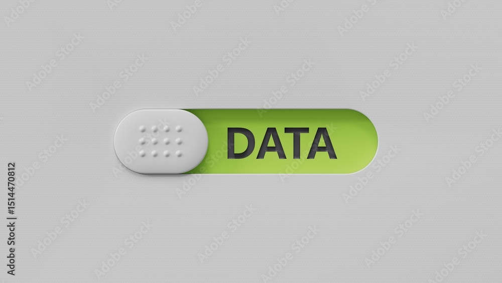 Poster data.slide switch spelling.Flat lay view from above on slide switch buttons.IT technology concept.3D rendering on green background.