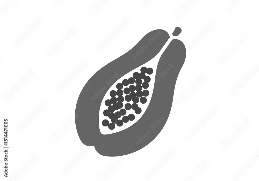 Poster a grayscale image of a halved papaya with numerous seeds inside on a white background showing detail