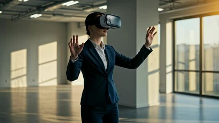 Woman using vr headset in empty office space. Female exploring augmented reality interface. Metaverse digital world experience, future innovation technology. - Powered by Adobe