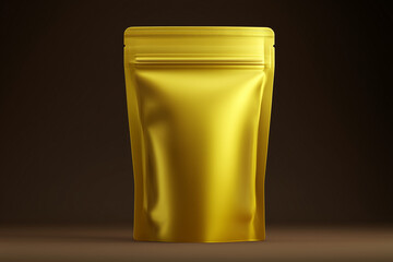 Blank yellow metallic foil doypack mockup, isolated on dark brown background with soft shadow, Ai generated images