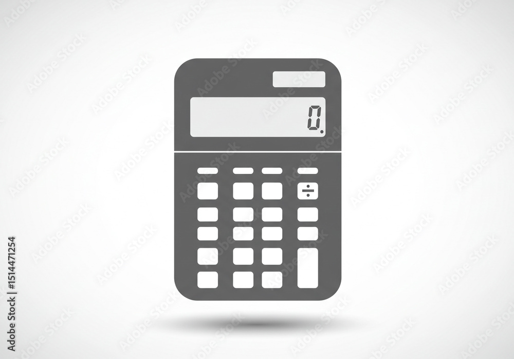 Poster a gray calculator with a display showing zero and a shadow on a white background is visible here
