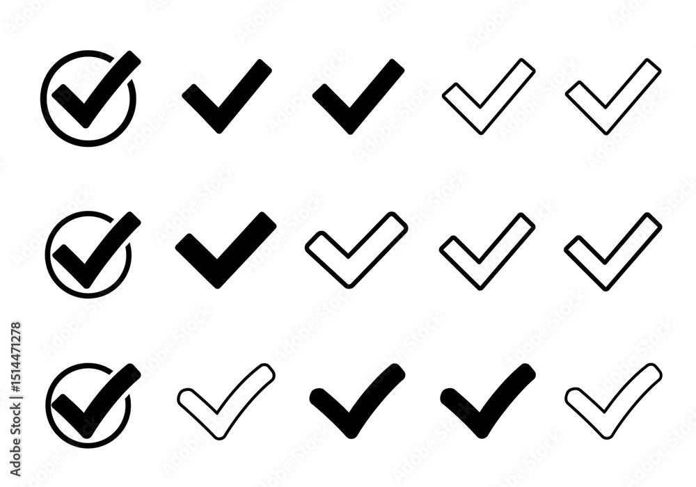 Poster a collection of fifteen check mark icons in varying styles and weights arranged in a grid pattern