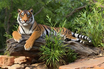 Majestic tiger resting on fallen tree