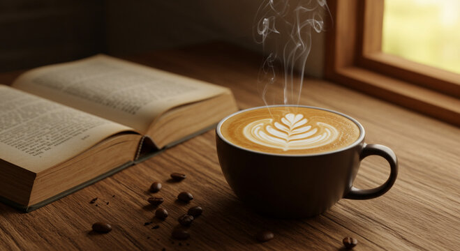 Cozy scene with a cup of hot coffee and an open book on a wooden table near window light.