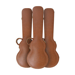 Musical instrument - Three old front view closes brown electric guitar hard case isolated white
