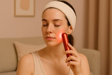 Woman Using Red Light Facial Therapy at Home – Skincare Technology