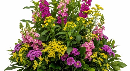 Vibrant floral bouquet featuring pink hydrangeas, yellow blooms, and purple spires on a white background.
