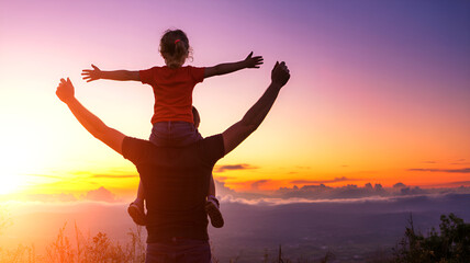 Fototapeta premium Father and Daughter Enjoying a Vibrant Sunset View Together Creating a Cherished Memory of Love and Connection in Nature s Beauty