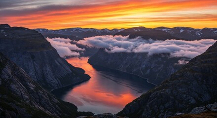 Fototapeta premium Beautiful landscape sunset mountain range fjord reflection clouds scenery view